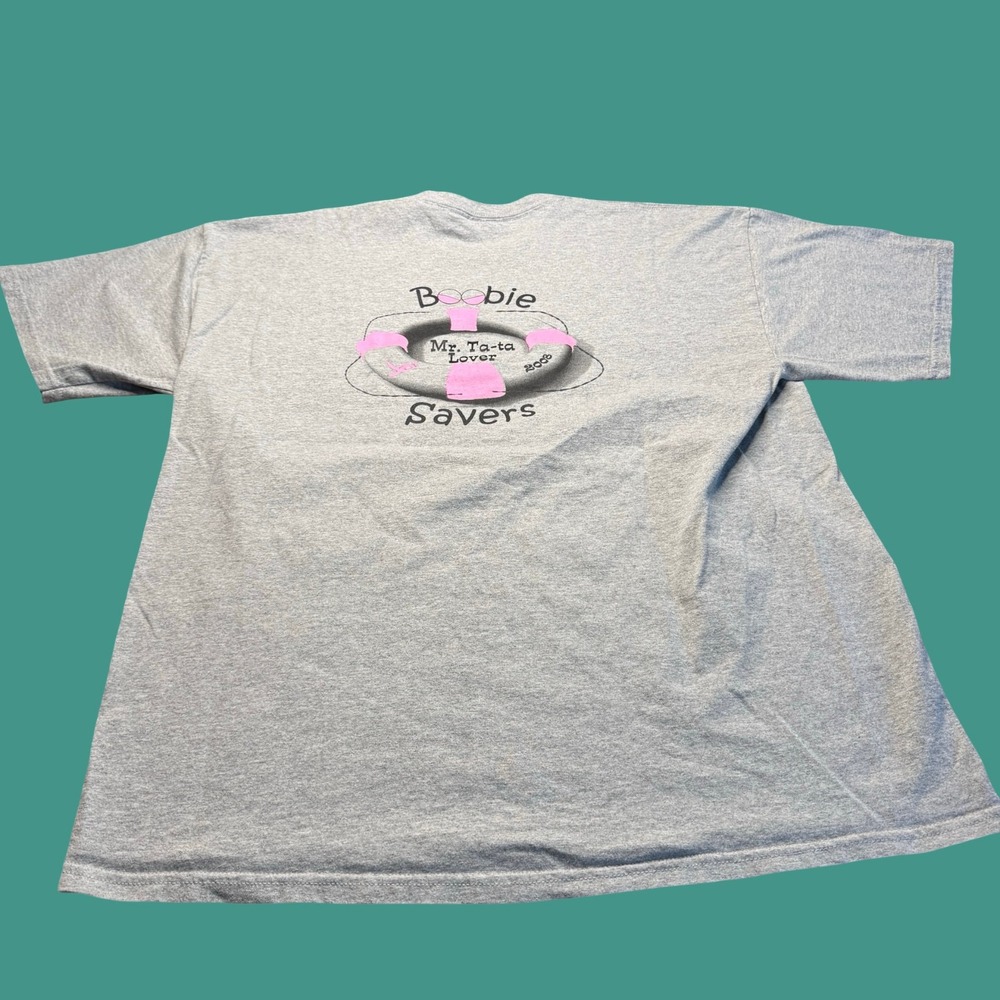 Boobie Savers 2008 T Shirt XL Gray Breast Cancer Awareness 2 Sided Graphic